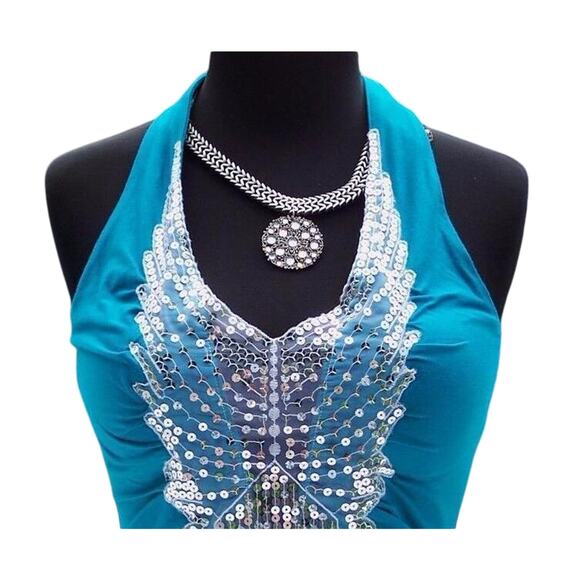 Cache Ruched Peek A Boo Sequin Plung 2 Navel Halter Top New Stretch NWT $118 - Picture 2 of 4